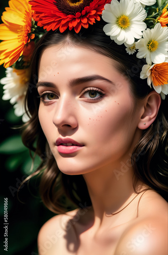 Closeup portrait of a beautiful girl with freckles and a flower wreath on her head. Generative AI.