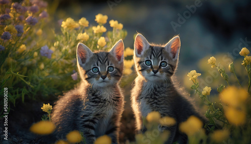 Closeup of two kittens in a field of flowers at golden hour. Beautiful depth of field blurry background. Created using Generative AI