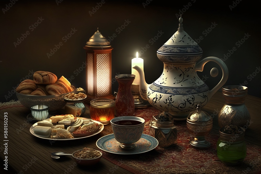 Fototapeta premium moonlit ramadan a scenic view of a crescent moon and a glowing cityscape food