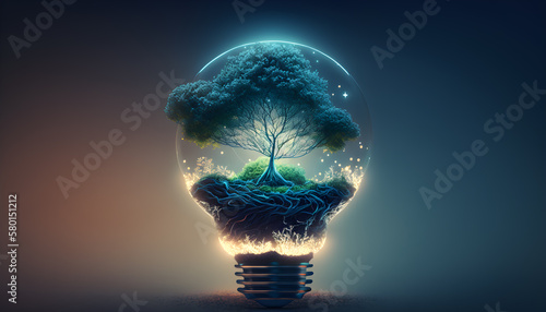Lightbulb with a tree growing on it. Technology convergence as well as digital convergence generative ai