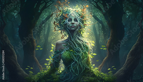 Beautiful dryad goddess in forest dryad goddess merging with a magical forest generative ai