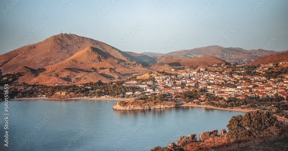 View from Byzantine Medieval Castle of Myrina in Lemnos or Limnos Greek island in the northern Aegean Sea summer vacation.