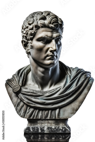 Marble bust of roman man, classical style, isolated, no background. Copy space, close up. History and art concept. Generative AI, no real statues or people referenced