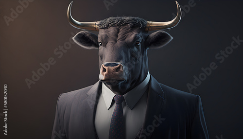 Portrait of a bull dressed in a formal business suit generative ai