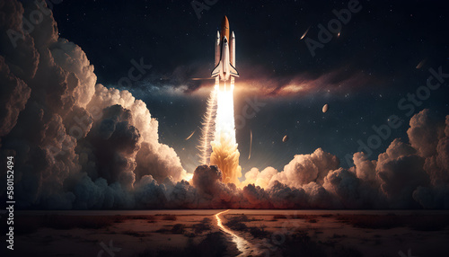New space shuttle rocket successfully launches into the night sky with stars generative ai