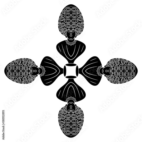 Square cross shape design with four busts of Roman matrons. Antique women wearing wigs. Black and white silhouette.