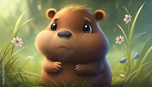 A cute adorable baby capybara rendered in the style of children-friendly cartoon animation fantasy style generative ai