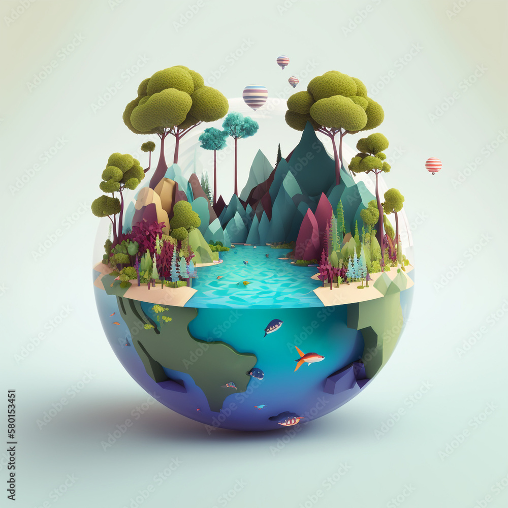 Ai generated illustration of poly sphere paradise island, cartoon globe in low polygonal 3d model style, isometric diorama island with sea, trees, mountains. green ecology concept landscape 