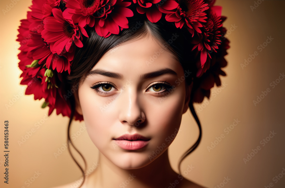 Closeup portrait of a beautiful girl with a flower wreath on her head. Generative AI.