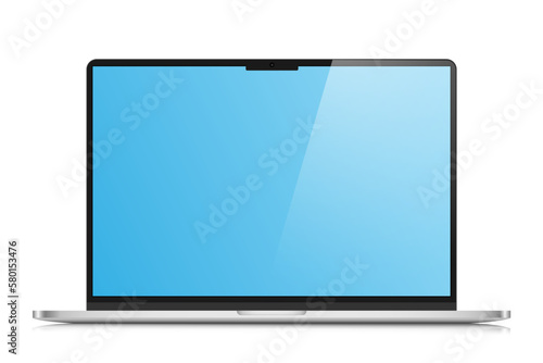 The layout of a modern laptop in a silver thin metal case. Laptop with a blue screen and reflection on a white background. Vector illustration.