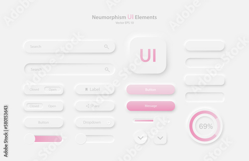 Collection of user interface elements for a mobile application. A set of icons for user interface development in white and light pink. Buttons for mobile devices in the style of neumorphism, UI, UX