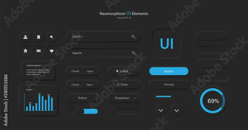 A collection of icons for user interface development in black and blue. A set of user interface elements for a mobile application. Buttons for mobile devices in the style of neumorphism, UI, UX