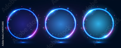 A set of round neon frames with shining effects and highlights on a dark background. Futuristic modern neon glowing banners. Vector EPS 10.