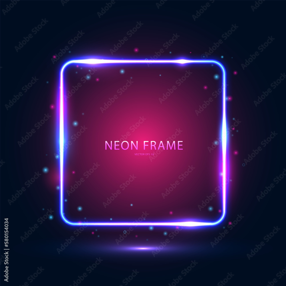 Neon square frame with shining effects and highlights on a dark blue pink background. Abstract futuristic neon background. Vector illustration. Neon square frame with shining effects and highlights on a dark blue pink background. Abstract futuristic neon background. Vector illustration.