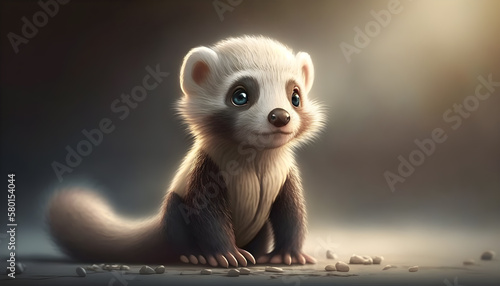 A cute adorable baby ferret rendered in the style of children-friendly cartoon animation fantasy style generative ai
