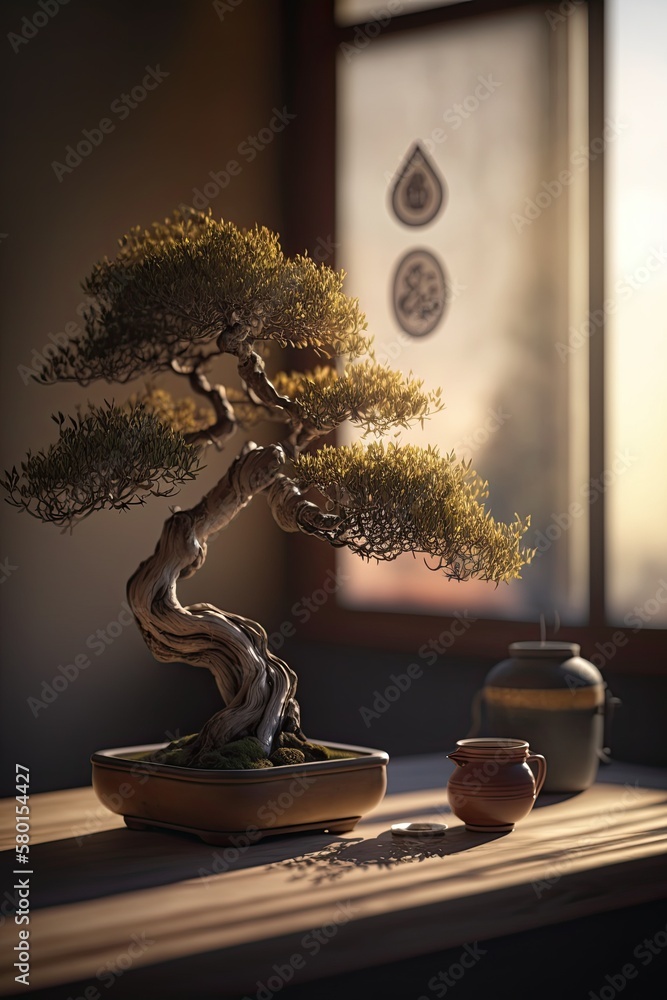 Home living room interior design in traditional Zen Japanese style with traditional Japanese Bonsai tree. Vertical, copy space, selected focus. Photorealism. Generative AI Home living room interior design in traditional Zen Japanese style with traditional Japanese Bonsai tree. Vertical, copy space, selected focus. Photorealism. Generative AI