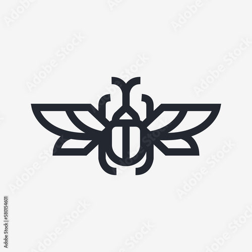 rhino beetle simple line icon logo vector design, modern animal logo pictogram design of unique insect with horn.  Illustration of Japanese male stag beetle insect with wings