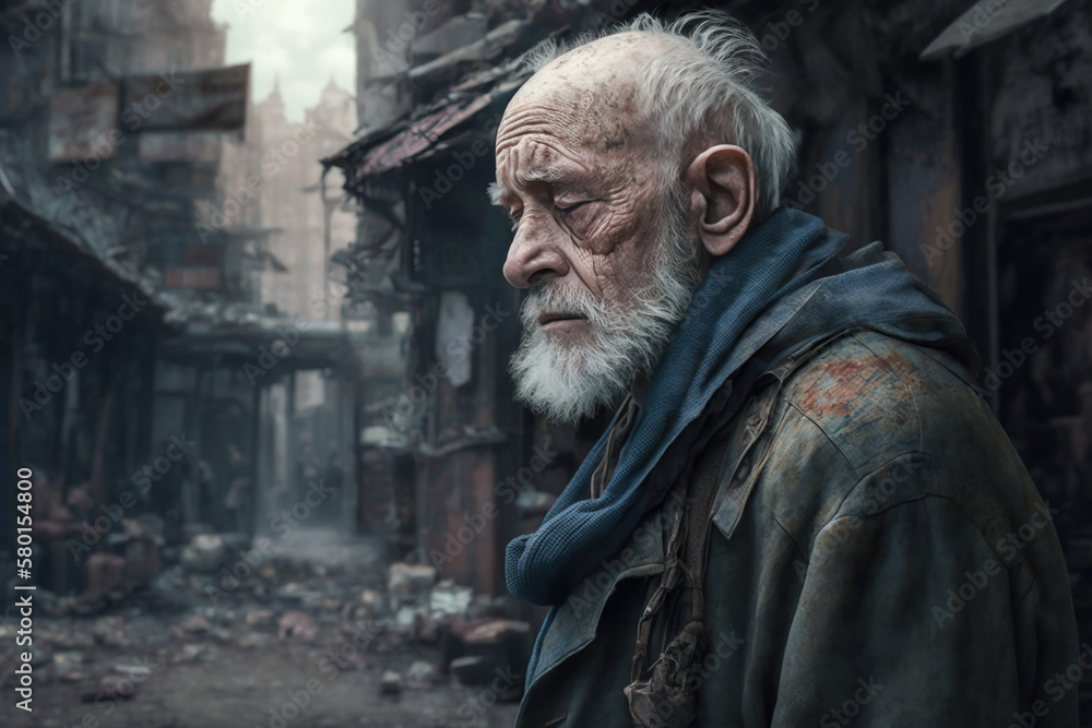 Sad Old Man in Destroyed City Generative AI