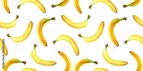 Seamless pattern with bananas isolated on transparent background, PNG. Watercolor illustration.