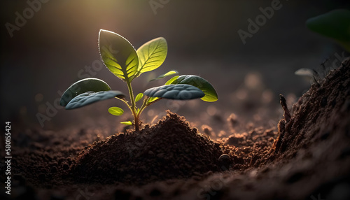 Developing plant, Young plant with ground backdrop and dawn light, New life idea generative ai