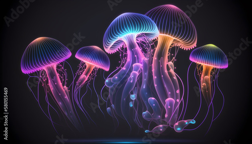 Glowing neon sea jellyfishes on dark background generative ai © Artistic