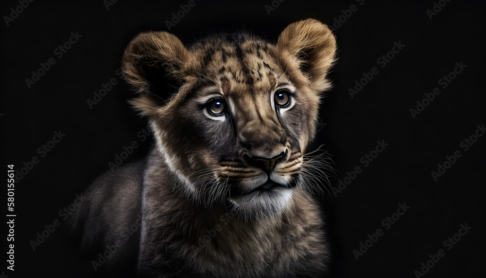 Obraz premium Portrait of a baby tiger on a black background generative ai