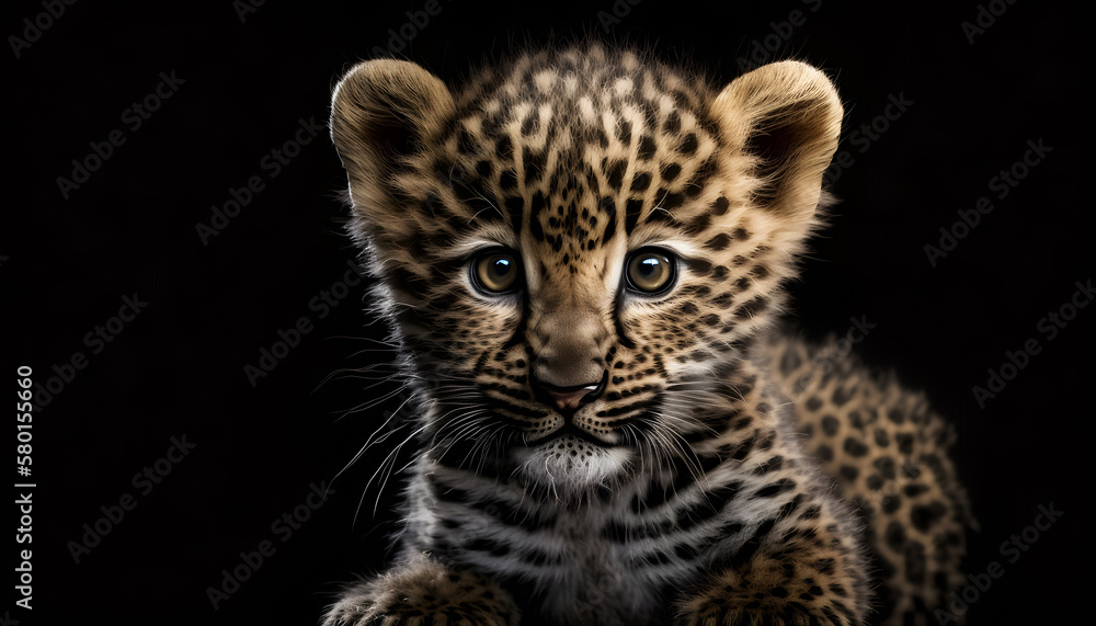 Obraz premium Portrait of a baby leopard on a black background generative ai