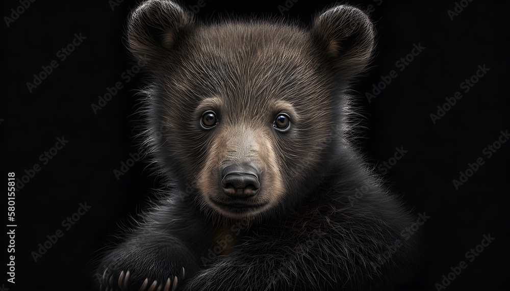 Fototapeta premium Portrait of a baby bear on a black background generative ai