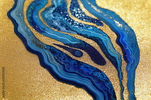 Blue and golden acrylic liquid ink swirl abstract background with ravishing turbulence wavy pattern and detailed texture. Luxury fluid liquid art by Generative AI.