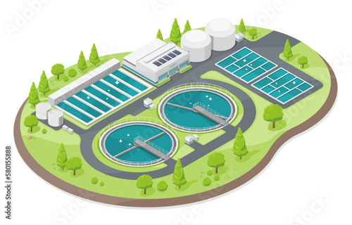 Wastewater Treatment process ecology sewage treatment for save world concept cartoon symbols isometric isolated illustration vector