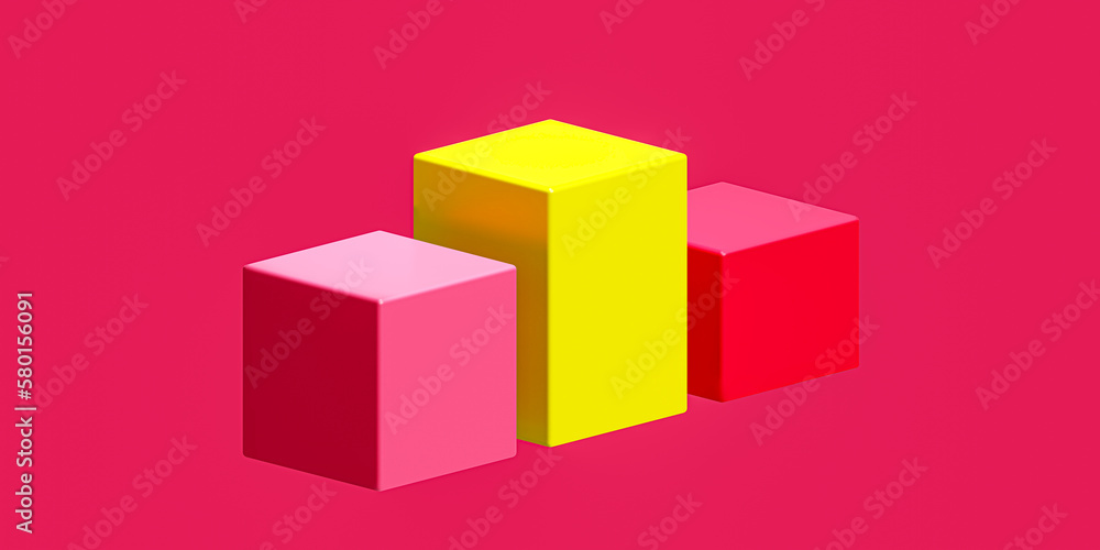Fototapeta premium Colourful Square Cube Platform Podium on Viva Magenta background, 3d render 2023
