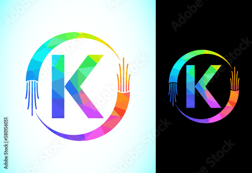 Polygonal alphabet K with electric wire, and optical fiber cable. Low poly graphic alphabet symbol