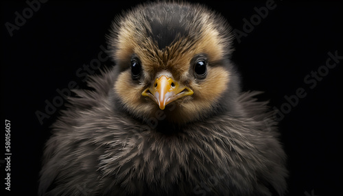 Portrait of a baby hen on a black background generative ai