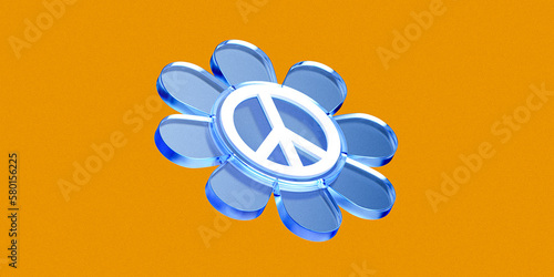 Peace Flower in blue glossy and orange background, retro style, 2023 