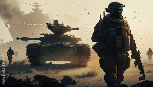 Soldiers with guns on the Battlefield next to tanks generative ai