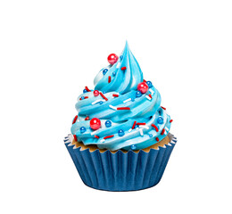 Blue cupcake with red sprinkles isolated on white