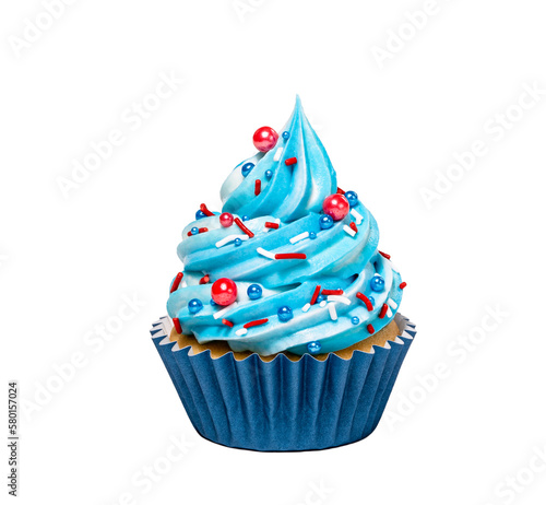 Blue cupcake with red sprinkles isolated on white