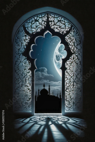 Moonlight shines through window into islamic mosque. Generative AI. photo