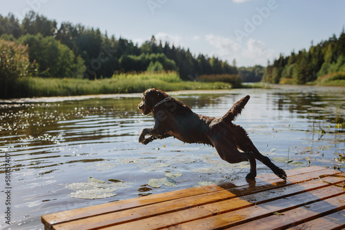 dog chocolate labrador retriever jumps into lake from pier, pet in flight over water. waterfowl animal dives and has fun in nature. relax and walk with hound in park. happy host and nursling photo
