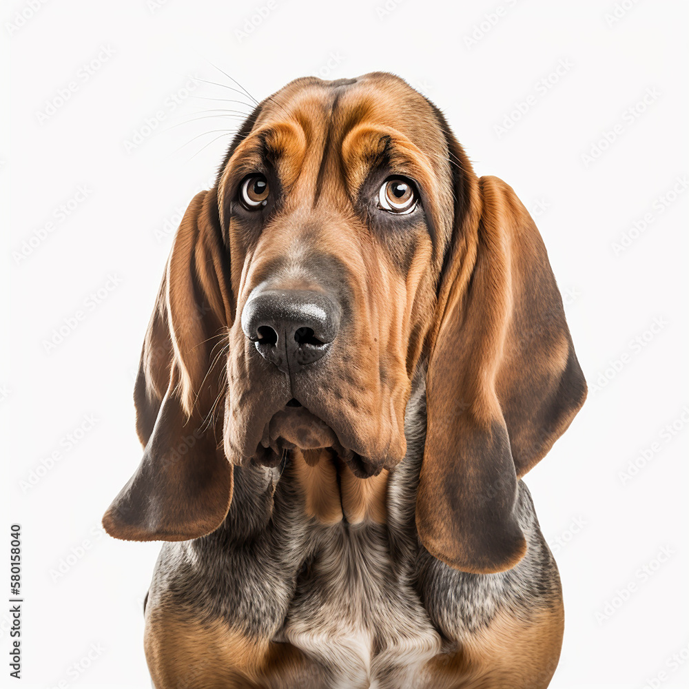 Cute nice dog breed bloodhound with big ears isolated on white close-up, beautiful pet	
