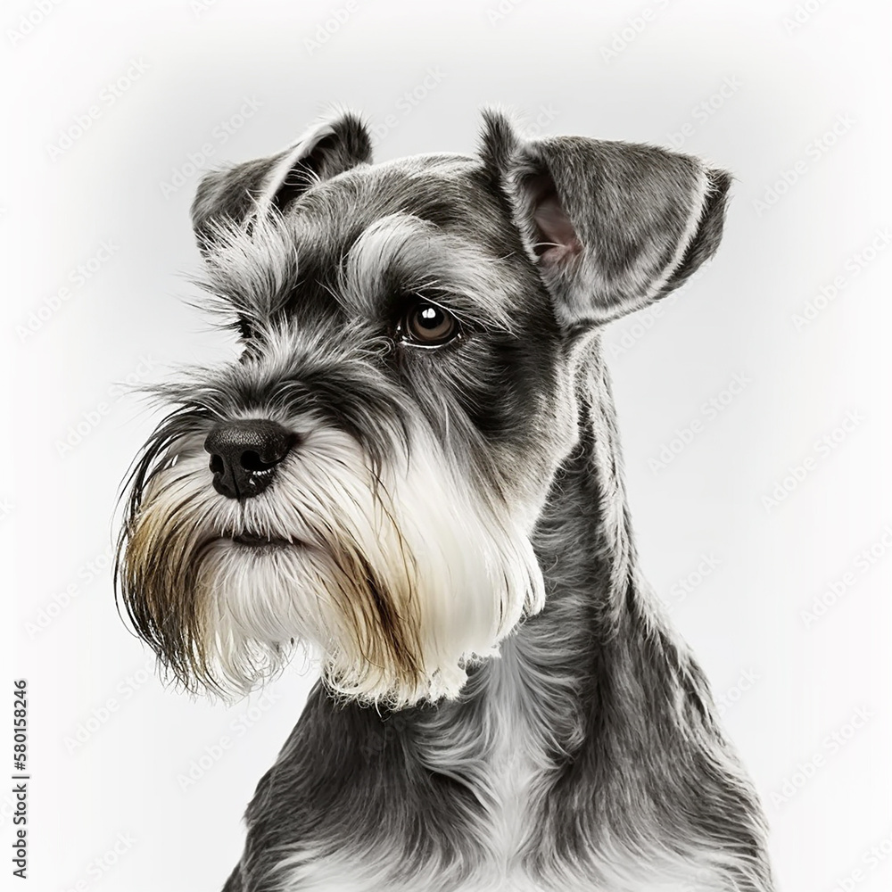 Beautiful bearded dog breed miniature schnauzer portrait isolated on white close-up, lovely home pet, ai generative