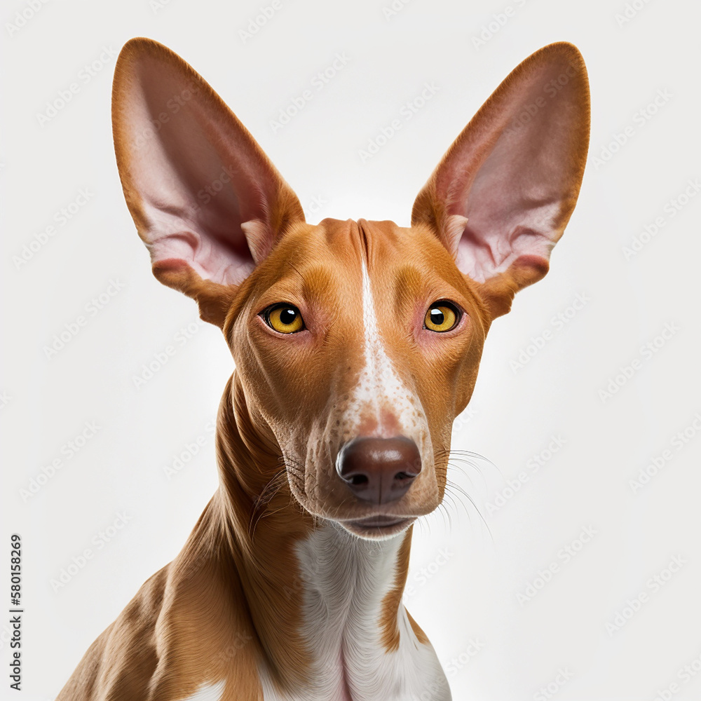 Beautiful red dog breed Podenco Ibizenco portrait isolated on white close-up, lovely home pet, ai generative