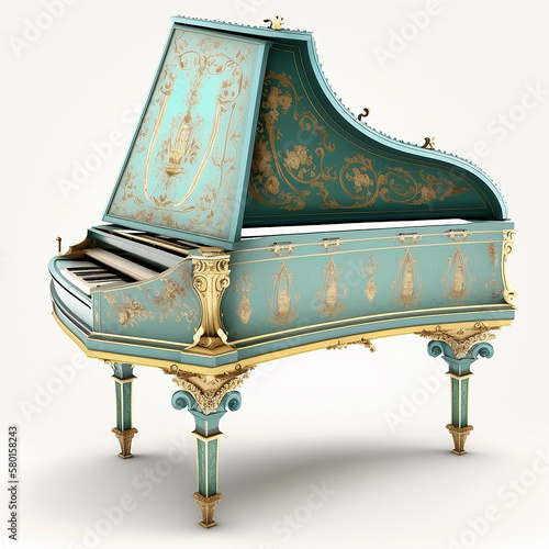 Antique retro medieval piano harpsichord decorated with patterns isolated on white close-up	  photo