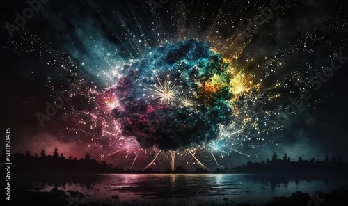 Wallpaper Mural  a colorful fireworks display in the night sky over a lake.  generative ai Torontodigital.ca