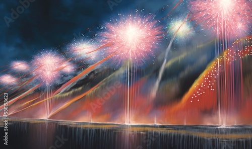  a painting of fireworks on a night sky with water and clouds. generative ai