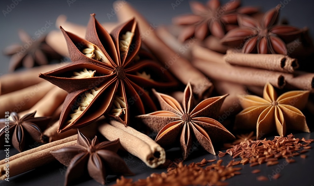  a pile of star anise next to cinnamon sticks and star anise.  generative ai