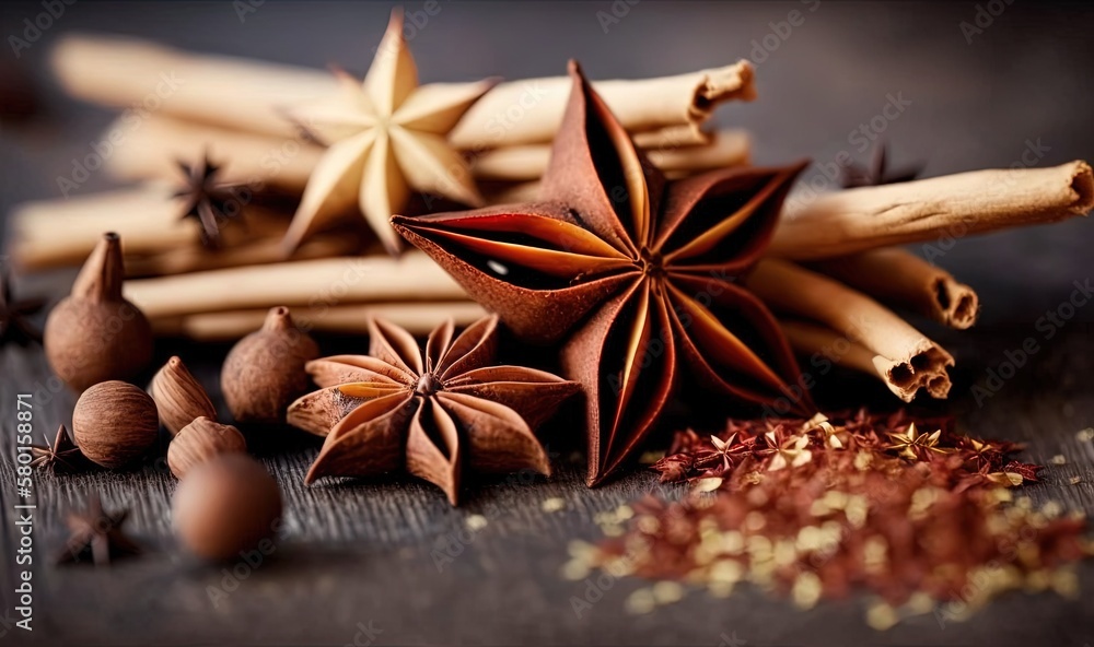 a pile of cinnamon sticks and star anise on a table. generative ai a pile of cinnamon sticks and star anise on a table. generative ai