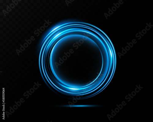 Magic portals on the night scene. Blue round holograms with rays of light and sparkles. Glowing futuristic teleport tunnel with copy space on black background.