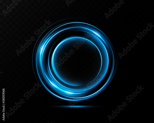Magic portals on the night scene. Blue round holograms with rays of light and sparkles. Glowing futuristic teleport tunnel with copy space on black background.