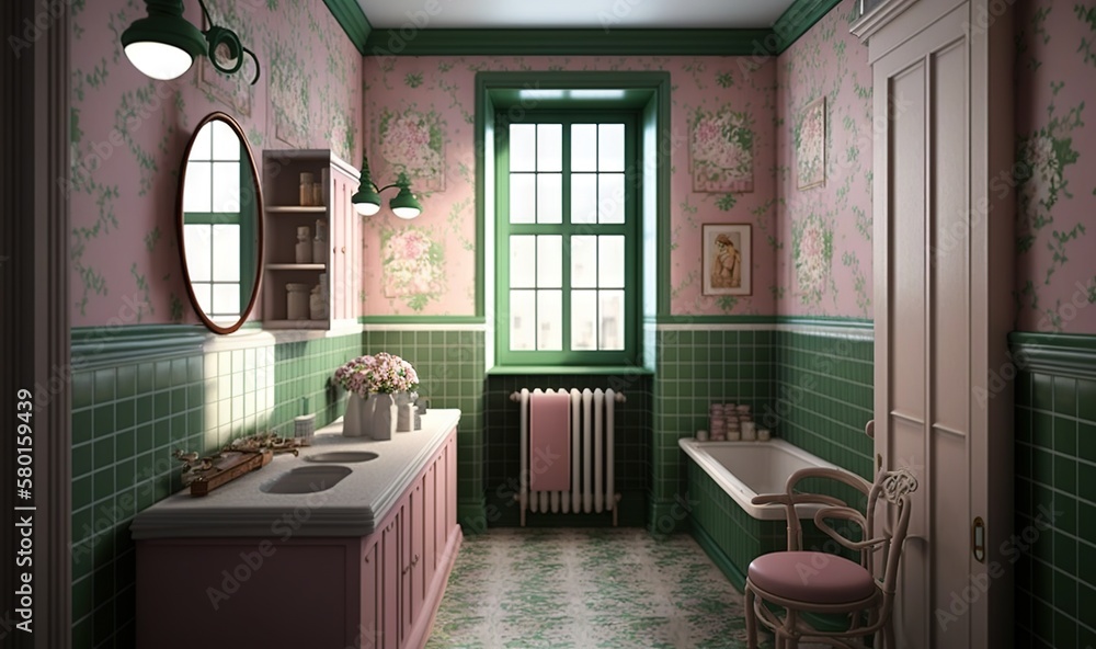  a green and pink bathroom with a sink, tub, and window.  generative ai